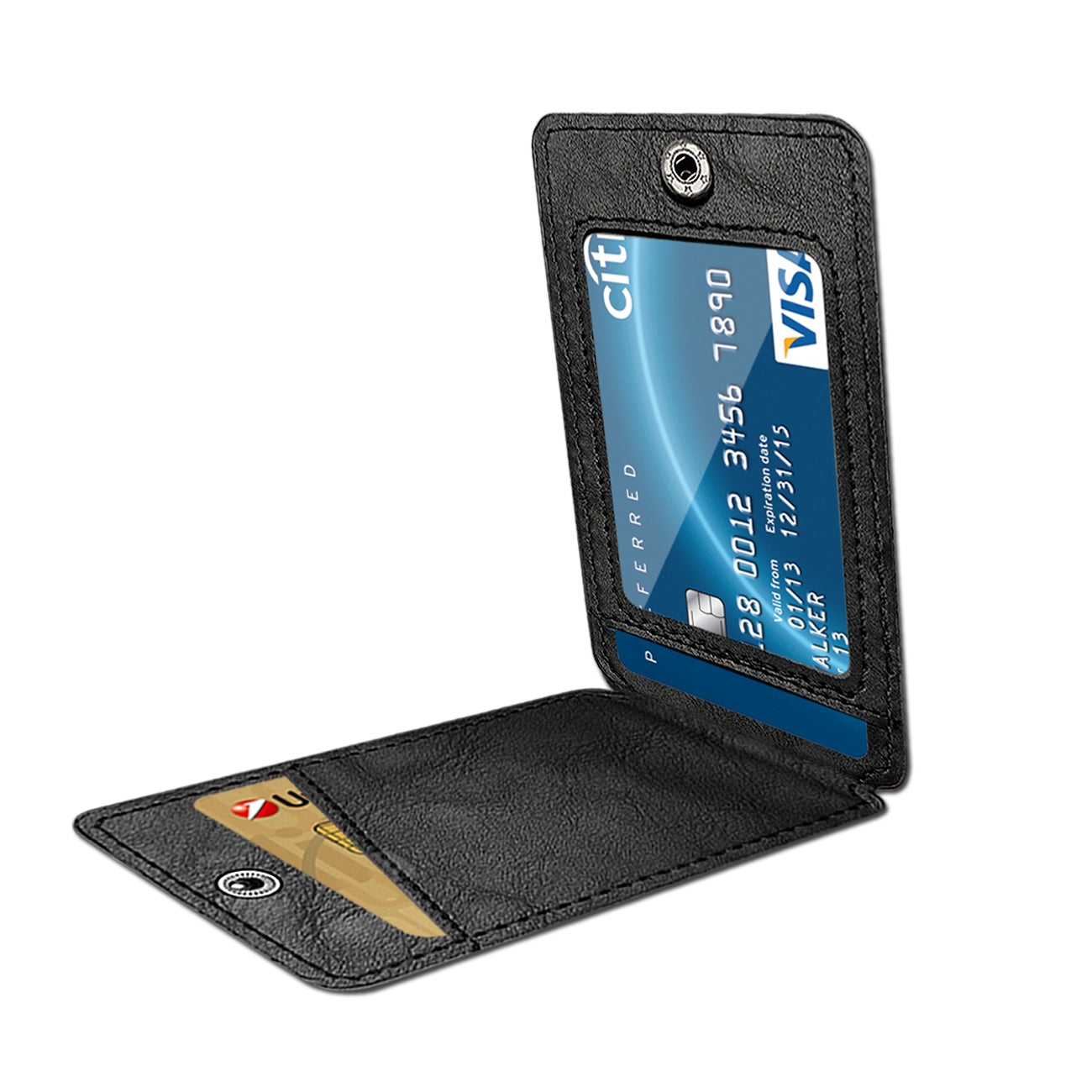 Leather Adhesive Foldable Pocket Card Holder With Two Slots  In Black