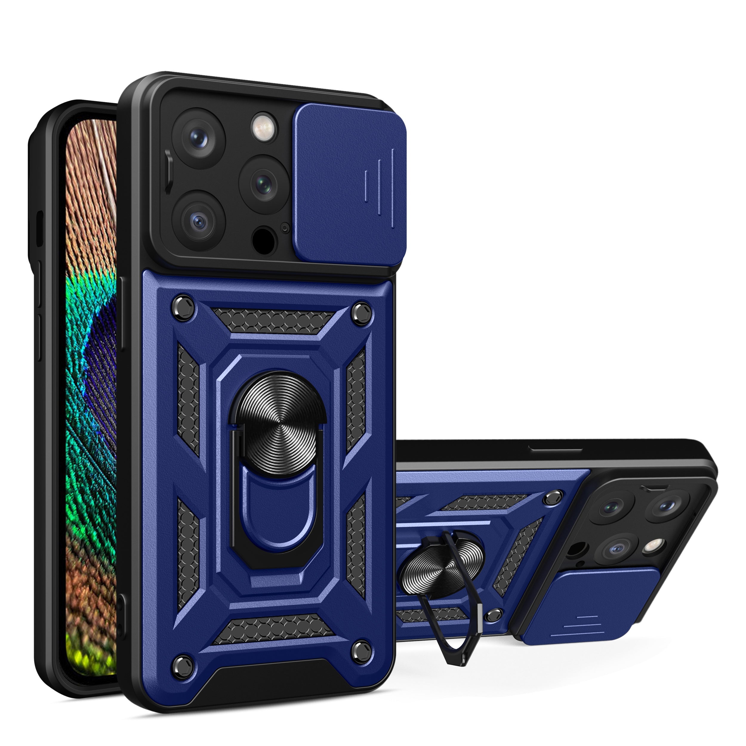 Kickstand Ring Holder With Slide Camera Cover Tpu Magnetic Car Mount For Apple Iphone 14 Pro In Blue
