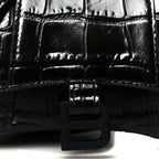 Shiny Calfskin Monochrome Crocodile Embossed Hourglass Top Handle Bag Mini Black
