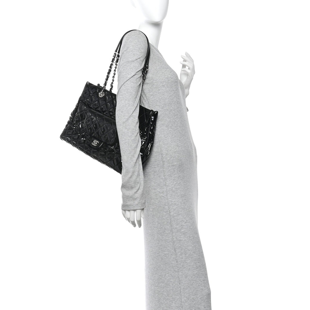 Patent Quilted Large Coco Shine Shopping Tote Black