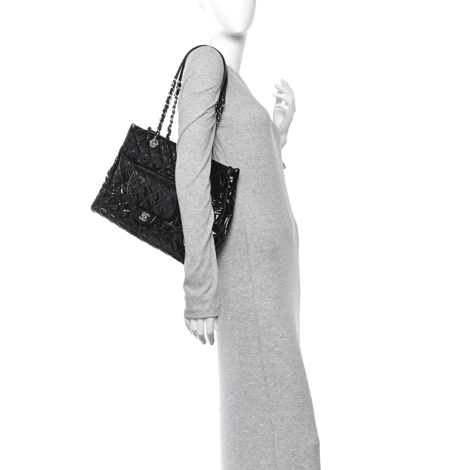 Patent Quilted Large Coco Shine Shopping Tote Black