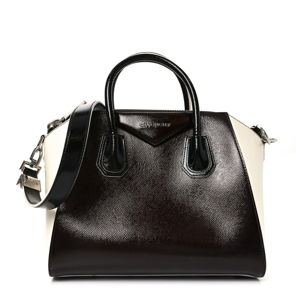 Textured Patent Calfskin Small Tri-Color Antigona Black White Brown