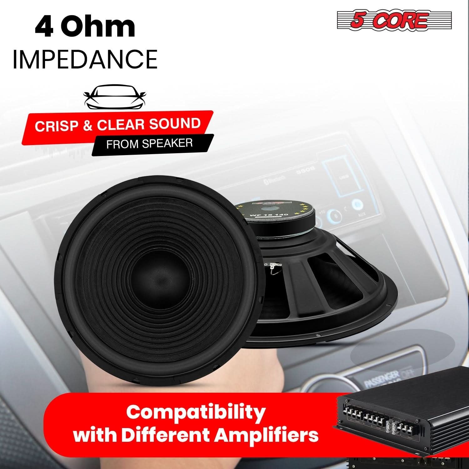 15 Inch Subwoofer 450 Watt Car Audio Sub Woofer 4 Ohm Pair w Deep Bass Replacement Component Loud Speaker for Auto Truck Vehicle -WF 15 140 4OHM 2PCS