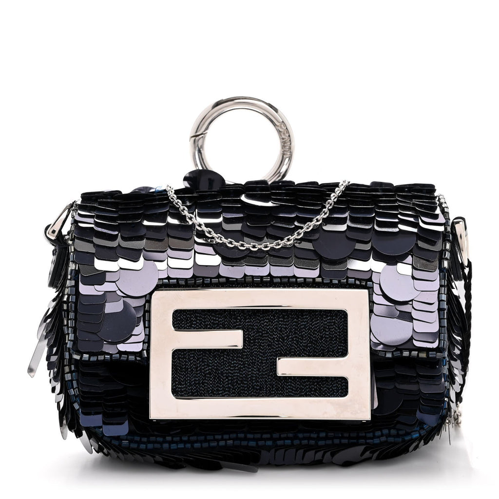 Sequin Paillettes Shiny Nappa Sex and the City Nano Maxi Buckle Baguette Charm Blue