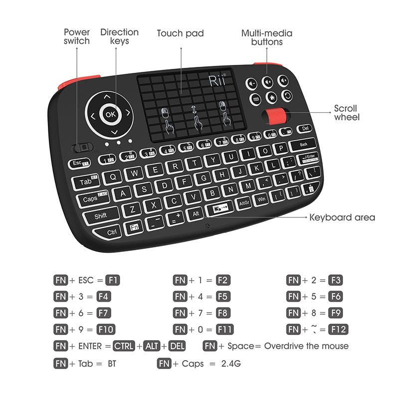 Mini Wireless Bluetooth Dual Mode Keyboard with Touchpad, Blacklit Portable Wireless Keyboard with 2.4G USB Dongle for Smartphone,PC