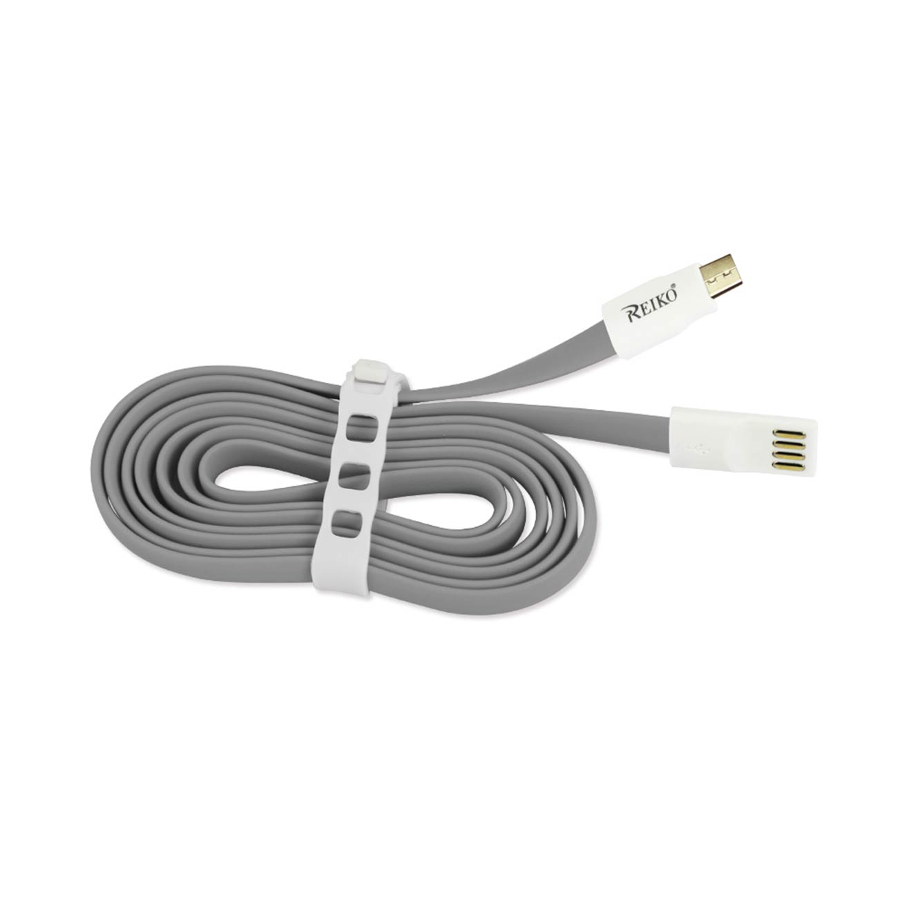 Reiko Flat Micro Usb Gold Plated Data Cable 3.9Ft With Cable Tie In Gray