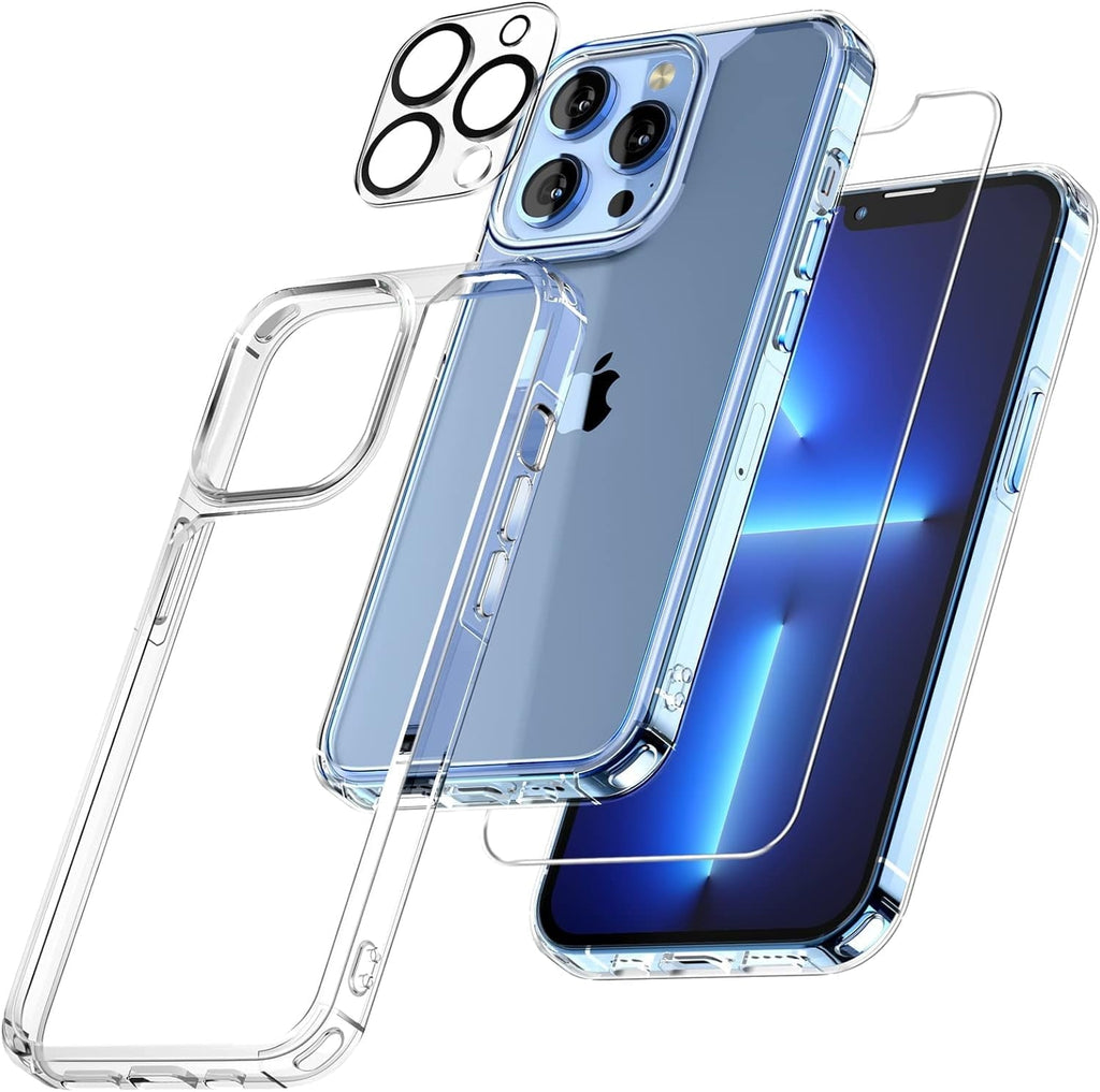 Entronix Bundle Compatible with iPhone 13 Pro Max - [Hard] Clear Case, 1 Clear Screen Protector & 1 Camera Lens Protector