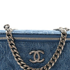 Denim Quilted Sweetheart Small Vanity Case With Chain Blue