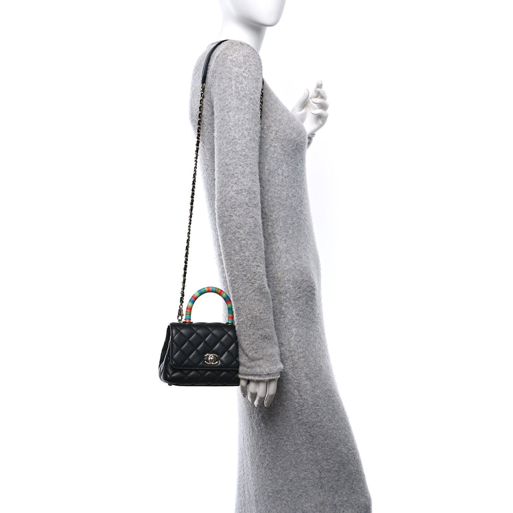 Goatskin Quilted Rainbow Extra Mini Coco Handle Flap Black