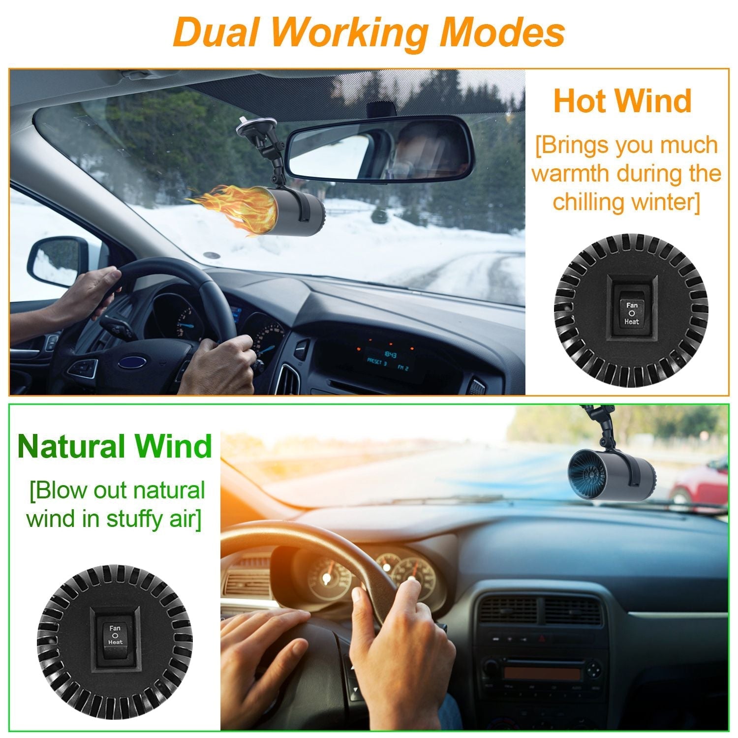 24V 150W Portable Car Heater 2 In 1 Heating Cooling Fan Rotatable Demister Defroster with 4.92ft Cord