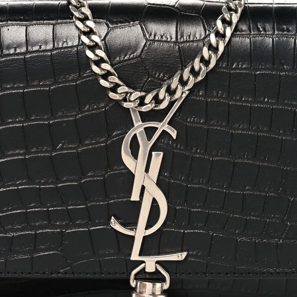 Calfskin Crocodile Embossed Small Classic Monogram Kate Tassel Satchel Black