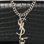 Calfskin Crocodile Embossed Small Classic Monogram Kate Tassel Satchel Black