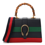 Moon Calfskin Web Medium Dionysus Bamboo Top Handle Bag Black Bright Evergreen Hibiscus Red