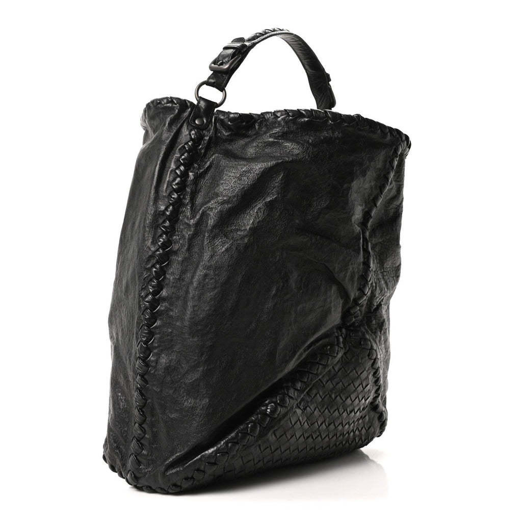 Grained Lambskin Intrecciato Large Shoulder Bag Black