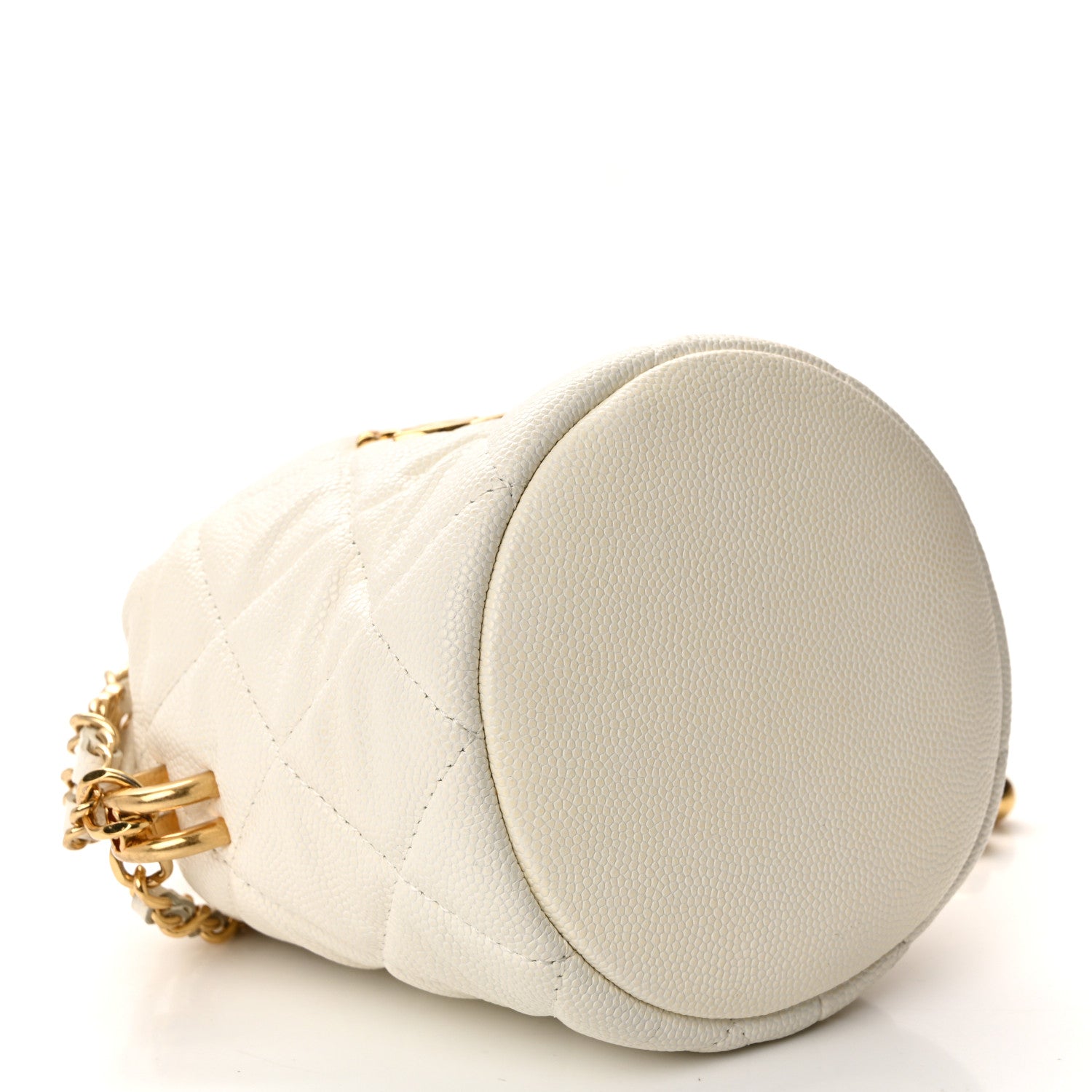Caviar Quilted Coco First Bucket Clutch With Chain White