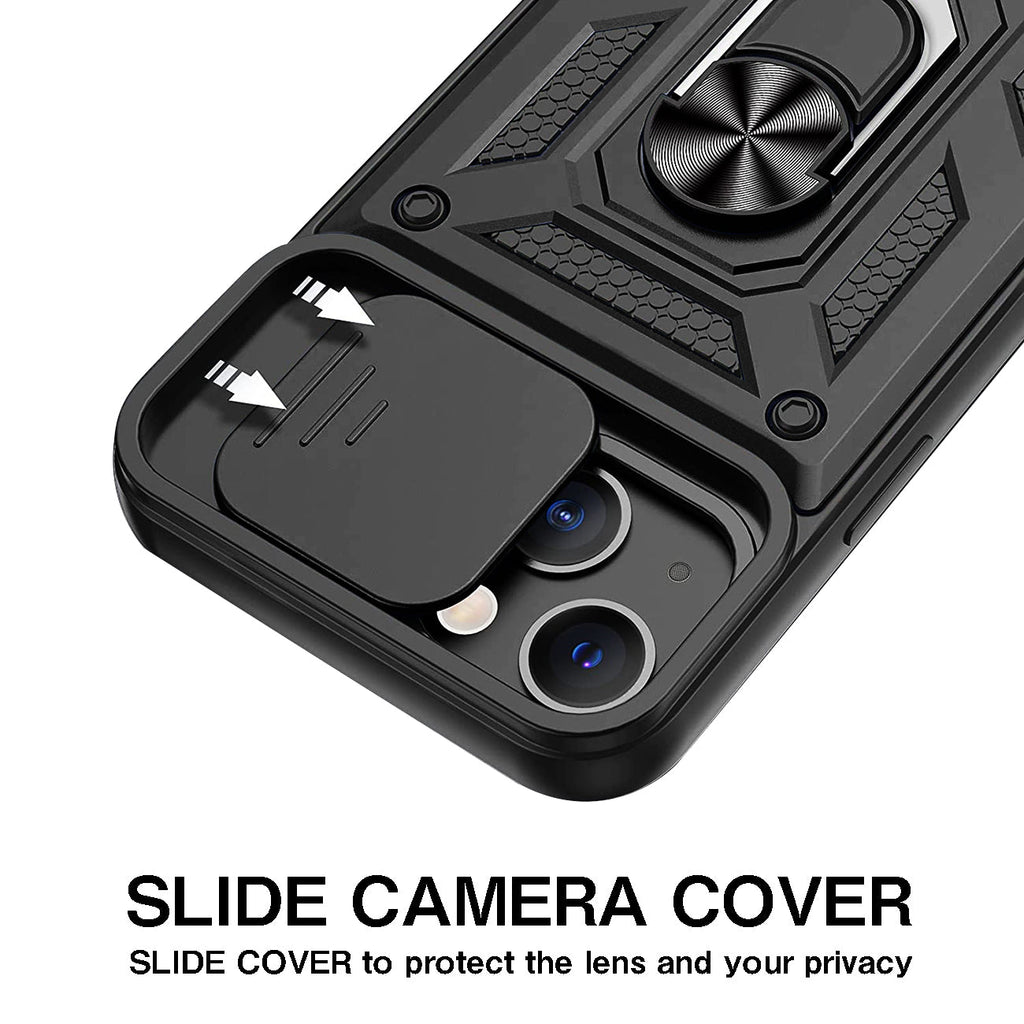 Kickstand Ring Holder With Slide Camera Cover Tpu Magnetic Car Mount For Apple Iphone 13 In Black