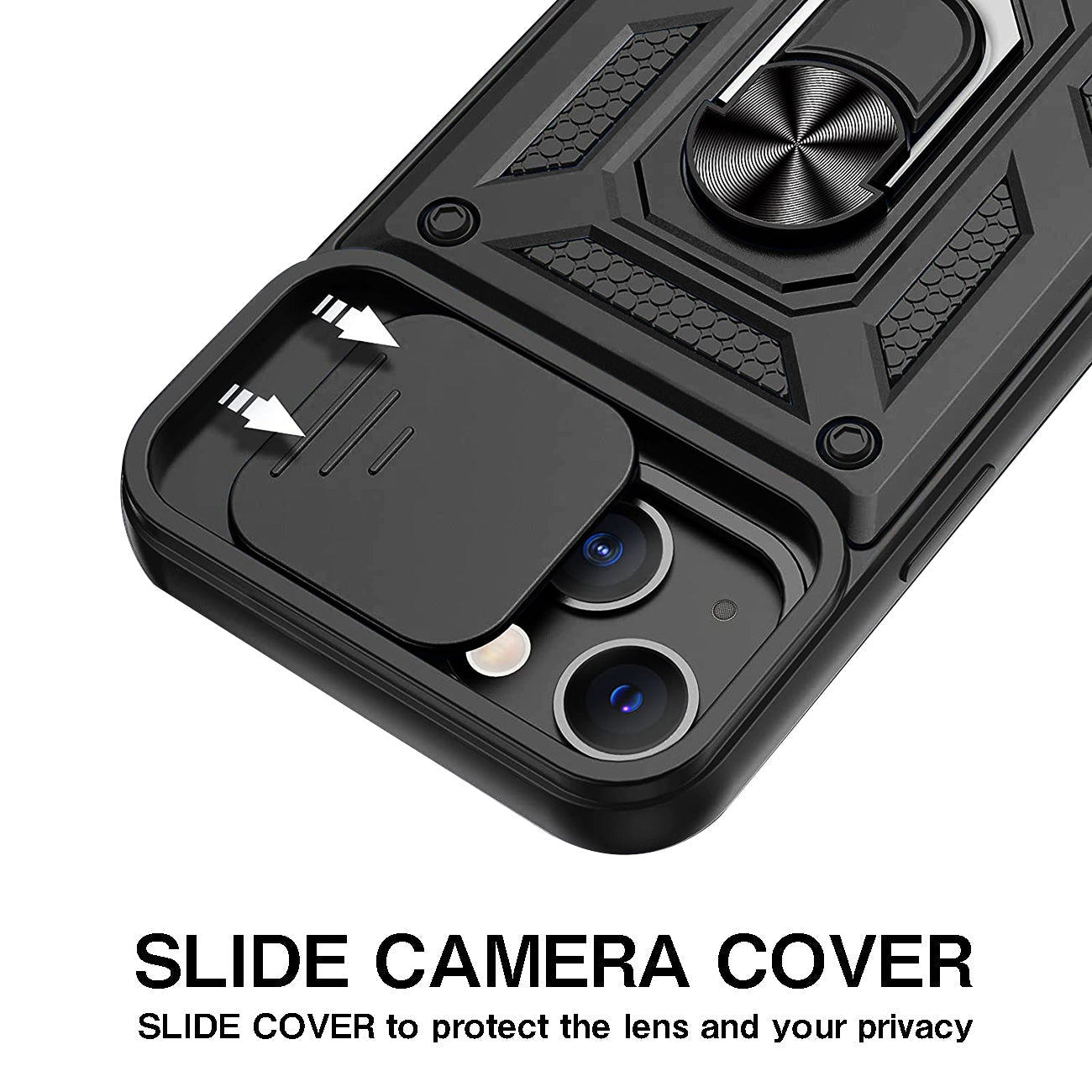 Kickstand Ring Holder With Slide Camera Cover Tpu Magnetic Car Mount For Apple Iphone 13 In Black