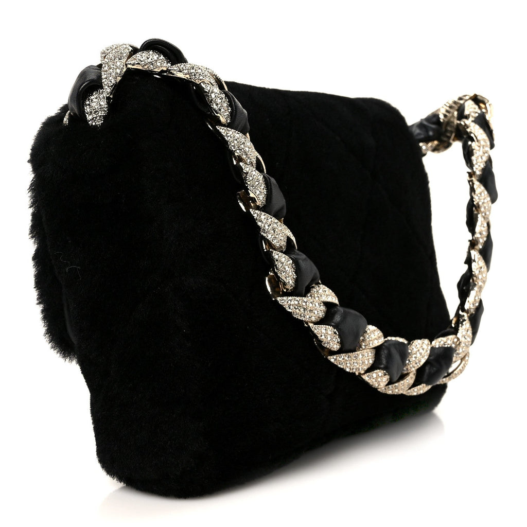 Shearling Lambskin Crystal Strass Flap Black