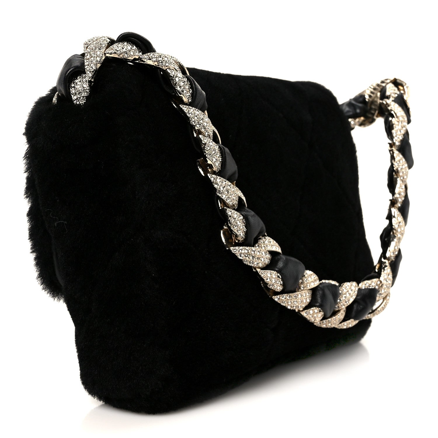 Shearling Lambskin Crystal Strass Flap Black