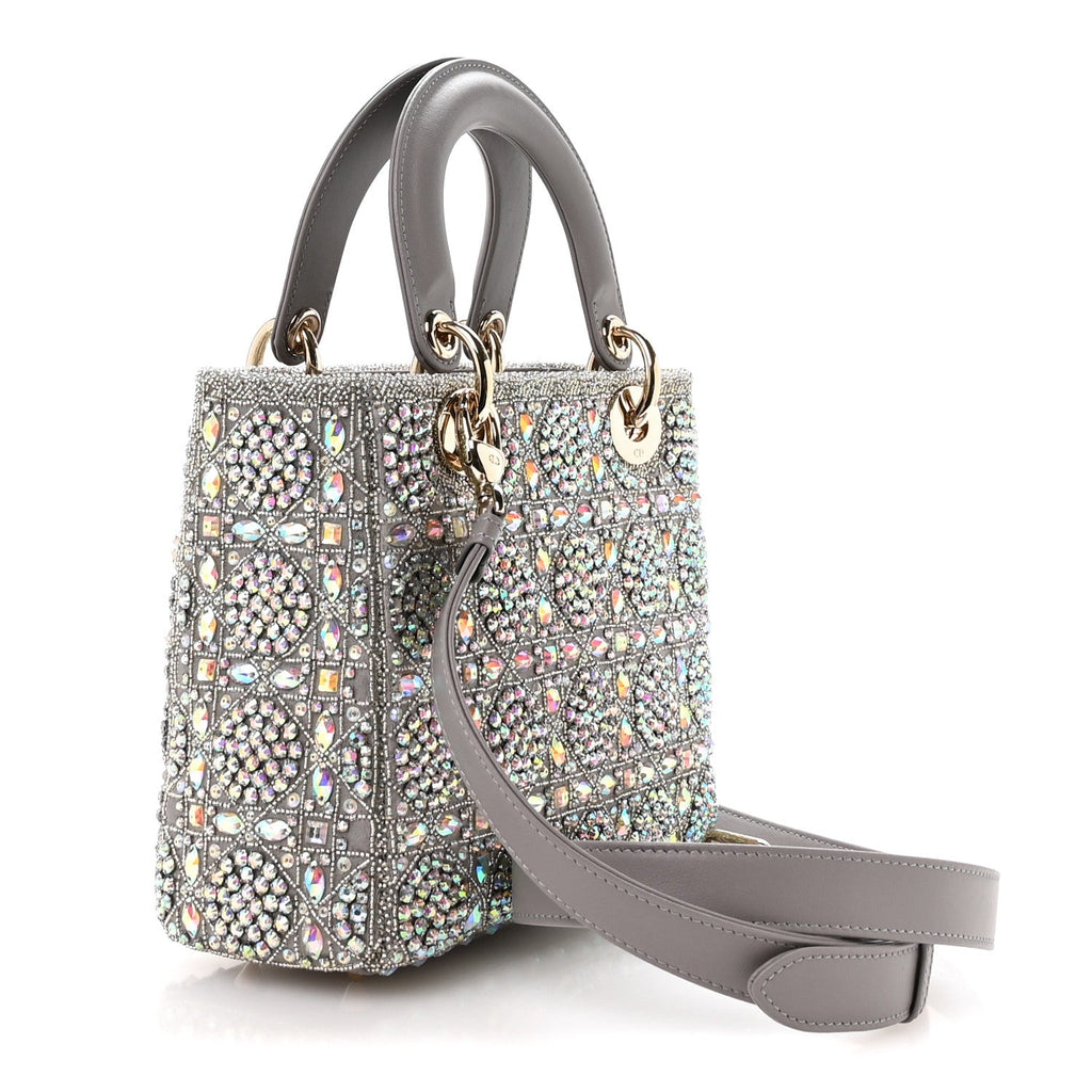 Calfskin Satin Celestial Bead Embroidery Embroidered Small Lady Dior Grey Multicolor