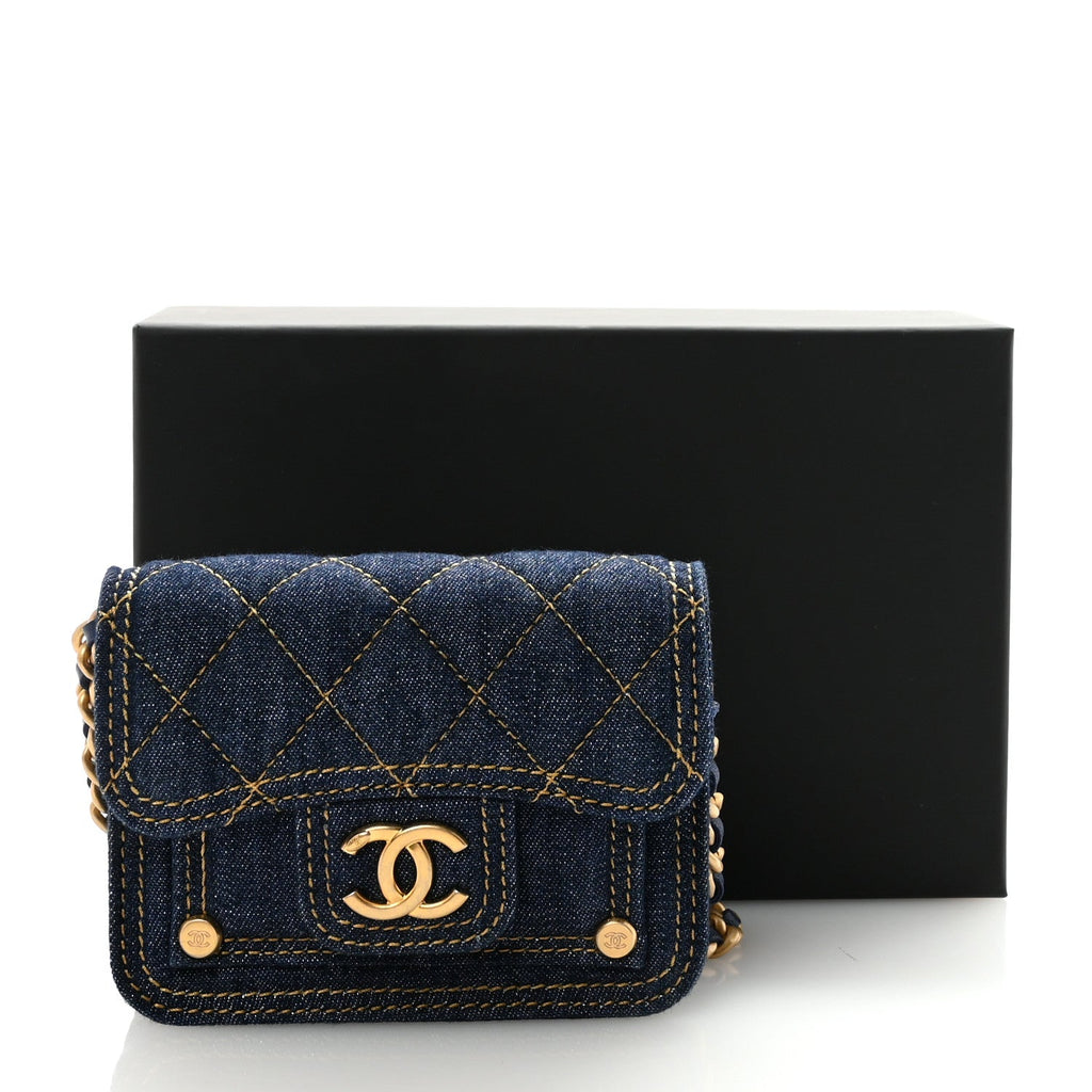 Denim Quilted Double You Card Holder On Chain Blue