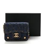 Denim Quilted Double You Card Holder On Chain Blue