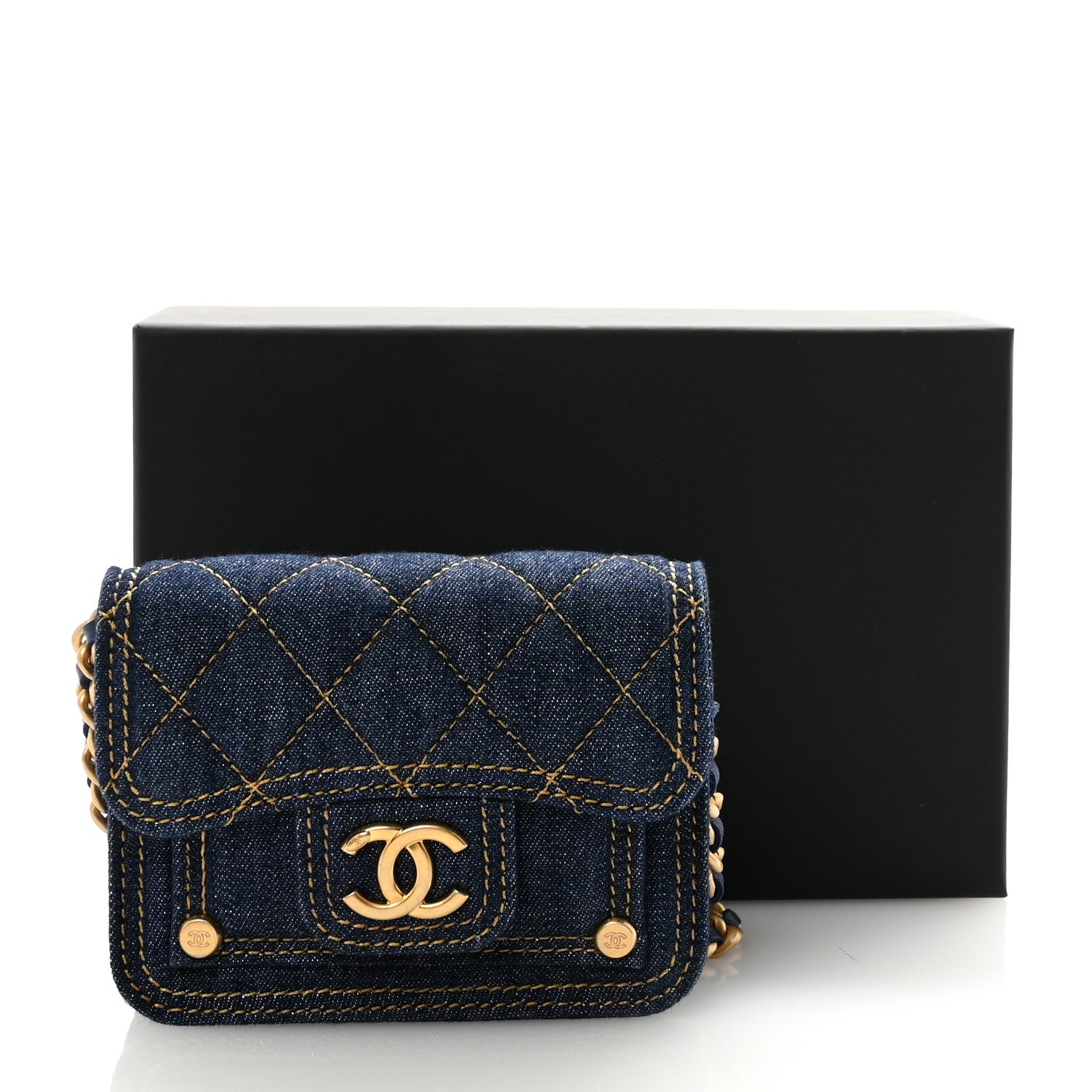 Denim Quilted Double You Card Holder On Chain Blue
