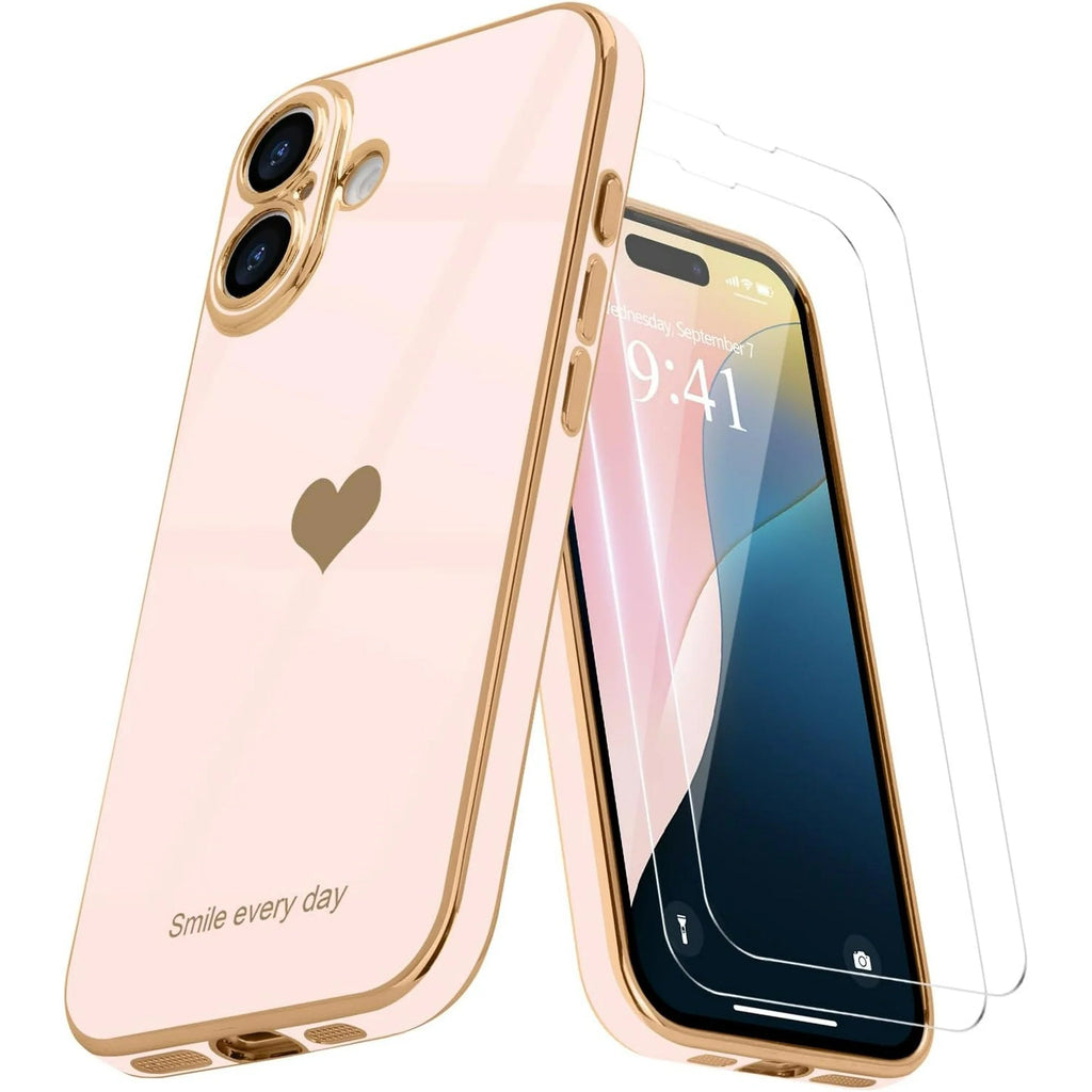 Entronix Bundle Compatible with iPhone 16 - [Flexible] Glossy Heart Case & 2 Clear Screen Protectors