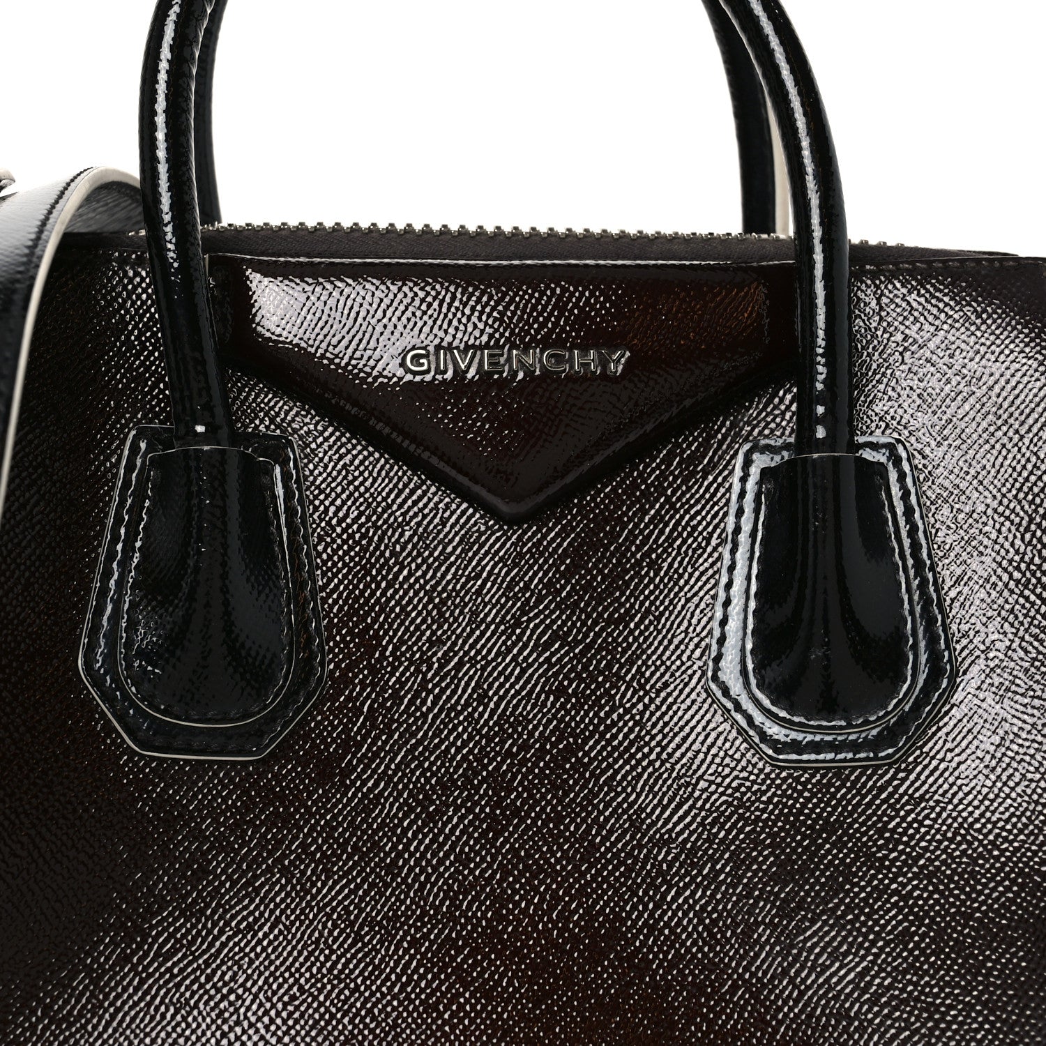 Textured Patent Calfskin Small Tri-Color Antigona Black White Brown