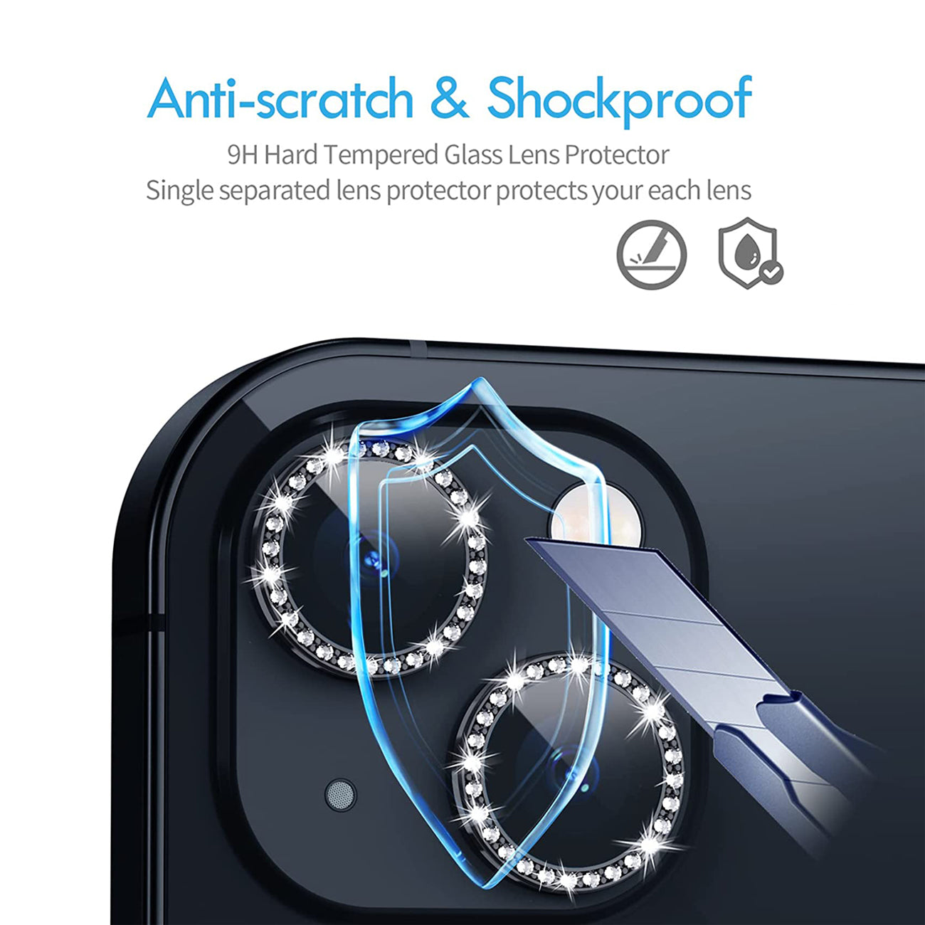 Diamond Camera Lens Protector, Diamond Tempered Glass Camera Cover Screen Protector For Iphone 14 / Iphone 14 Plus  In Black