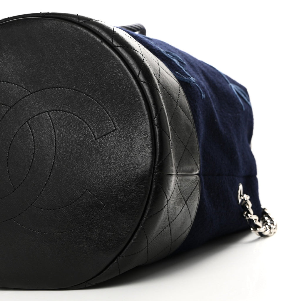 Wool Calfskin Embroidered Paris Hamburg Drawstring Backpack Navy Blue