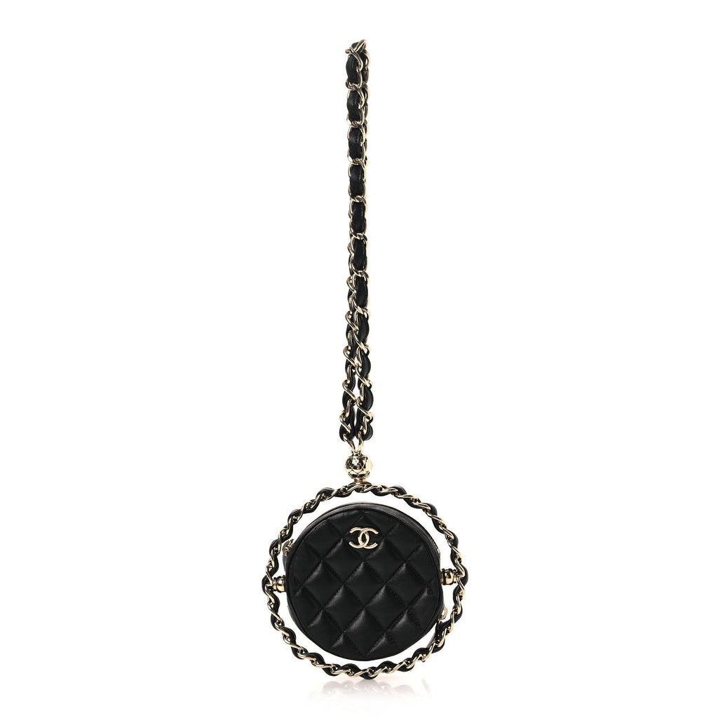 Lambskin Quilted Chain Round Mini Clutch Black