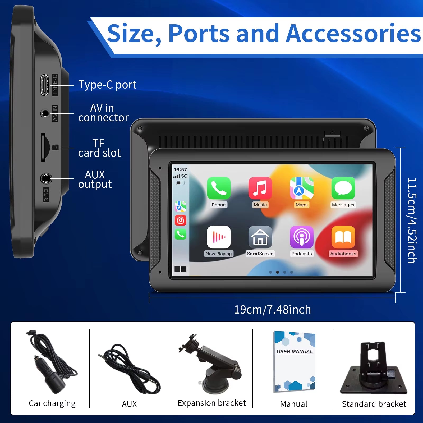 7-Inch Touchscreen Car Audio Receiver with CarPlay and Android Auto Support, Portable Wireless Display with Backup Camera