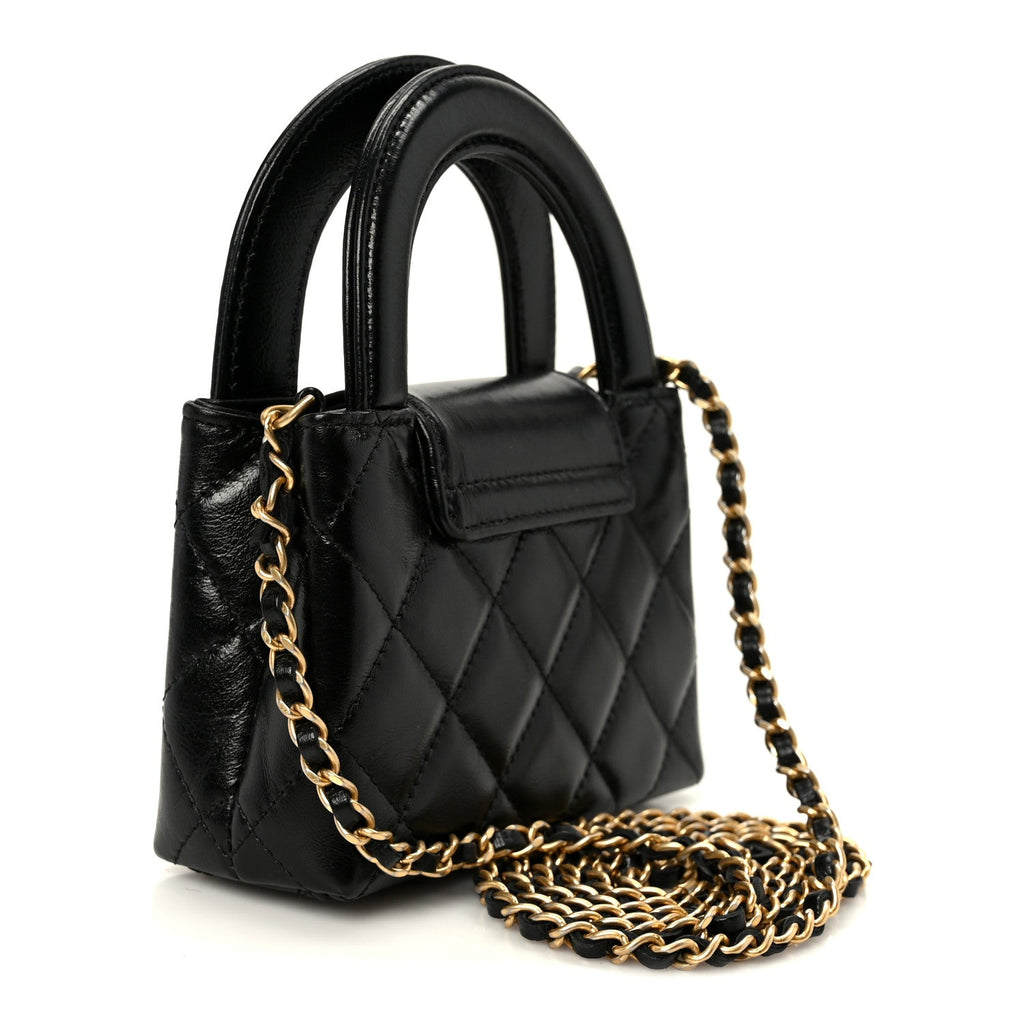 Shiny Aged Calfskin Quilted Mini Nano Kelly Shopper Black