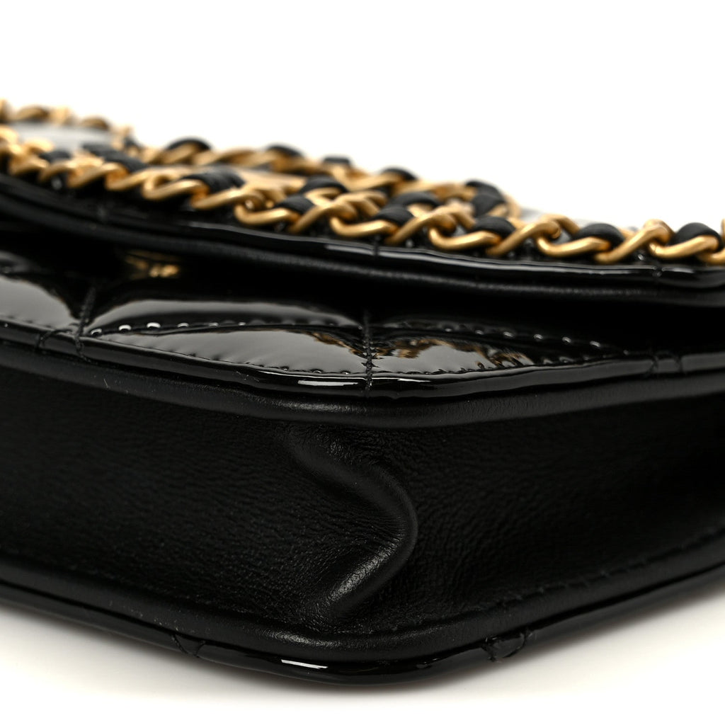 Patent Quilted Chain Around Heart Mini Chain Flap Black