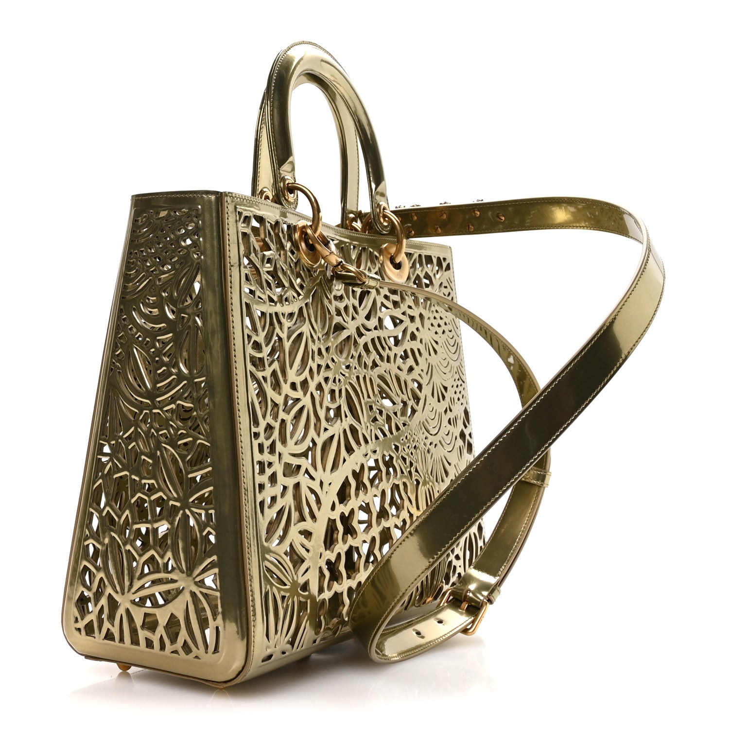 X DAVID WISEMAN Metallic Calfskin Laser Cut Large Lady Dior Gold