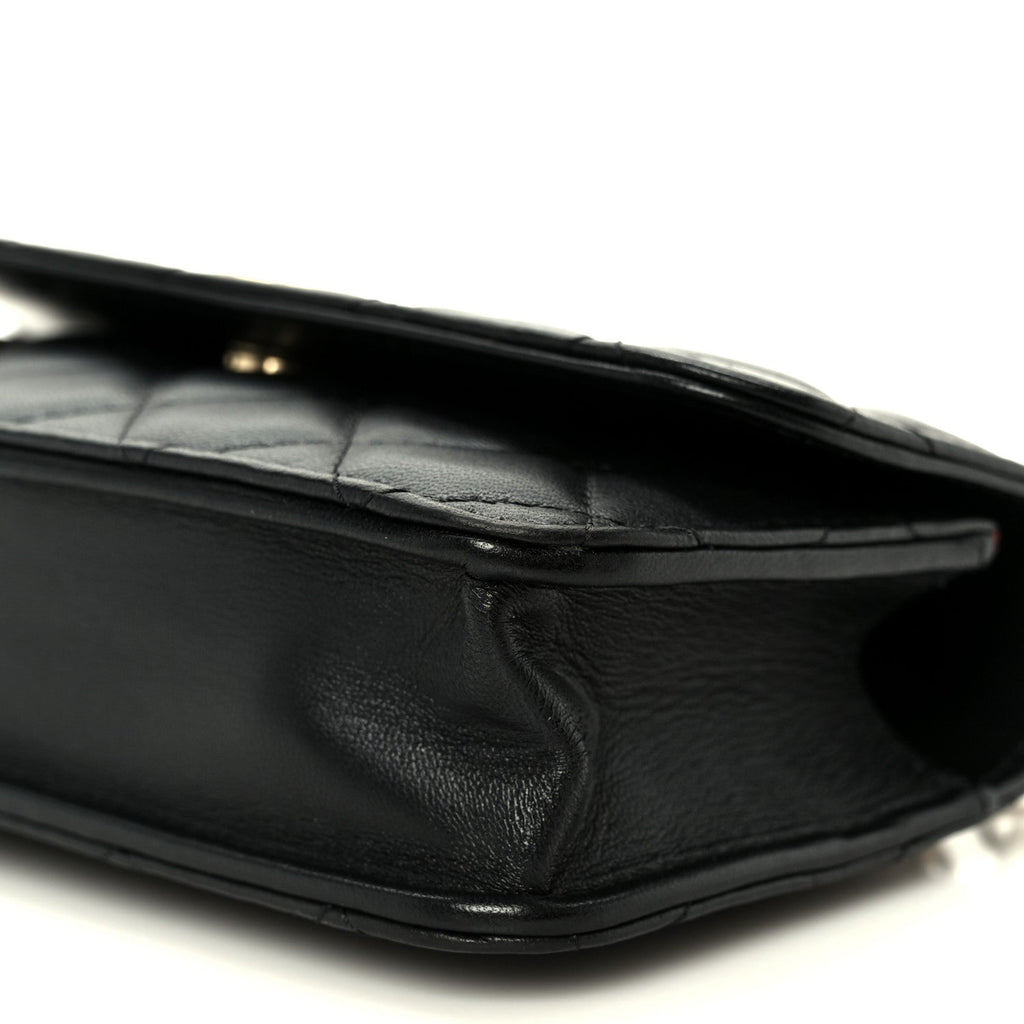 Lambskin Quilted Sweet Camellia Flap Phone Holder With Chain Black