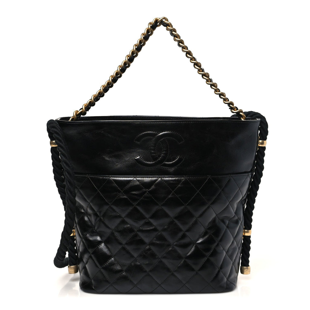Crumpled Calfskin En Vogue Rope Hobo Bag Black