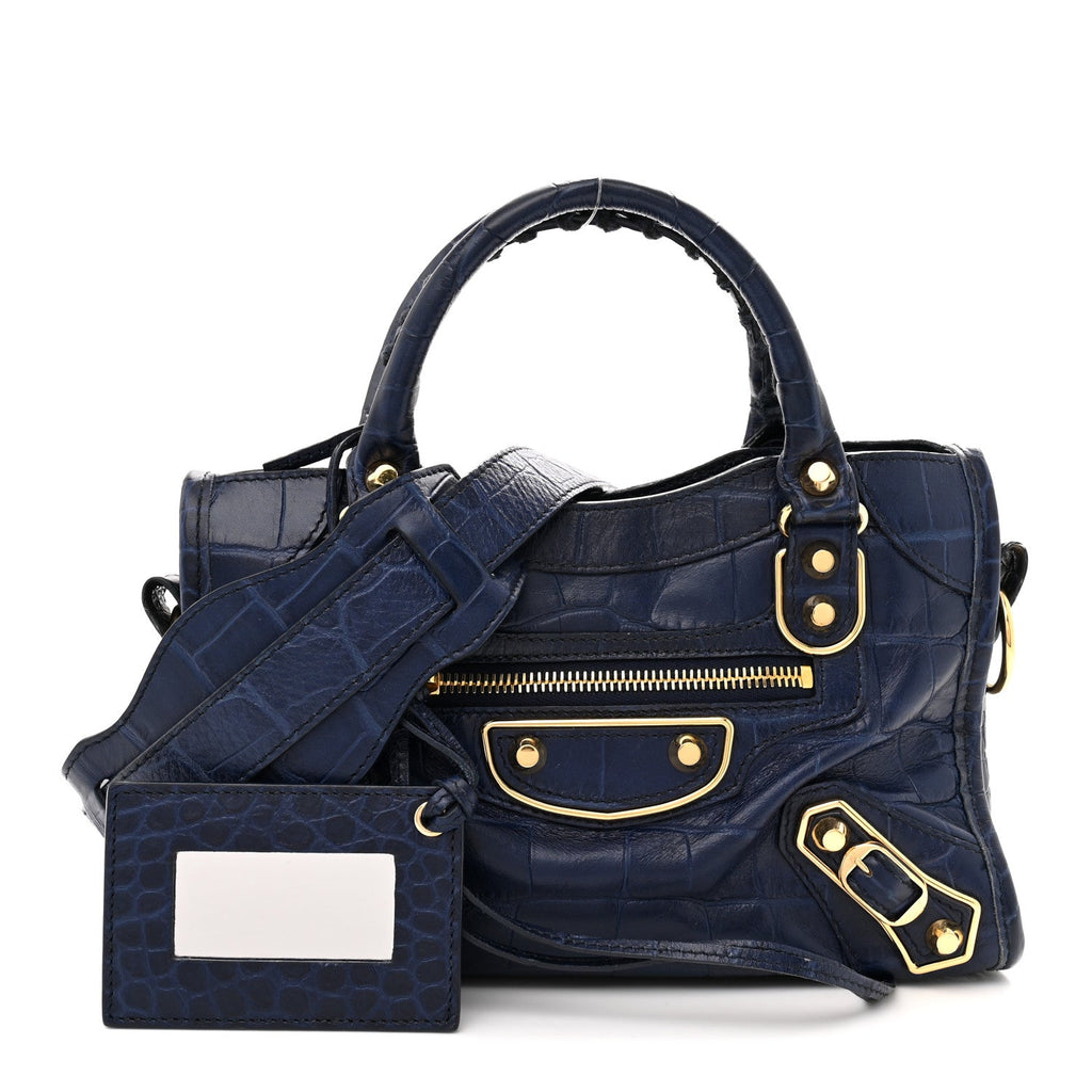 Calfskin Crocodile Embossed Gold Metallic Edge Hardware Mini City Bleu