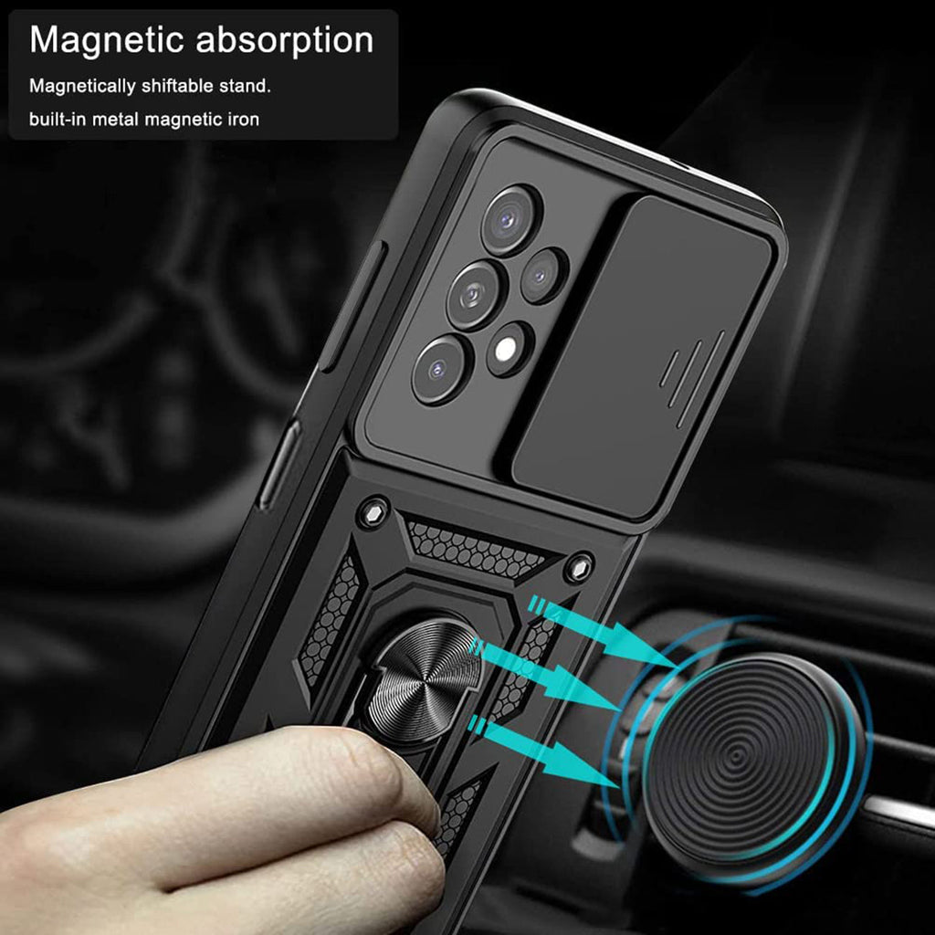 Kickstand Ring Holder With Slide Camera Cover Tpu Shockproof Case And Magnetic Car Mount For Samsung Galaxy A23 In Black
