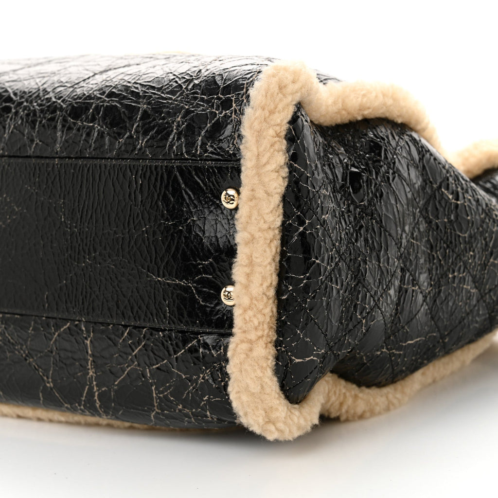 Shiny Crumpled Sheepskin Shearling CC Mania Tote Bag Black Beige