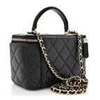 Lambskin Quilted Small Top Handle Vanity Case With Chain Black