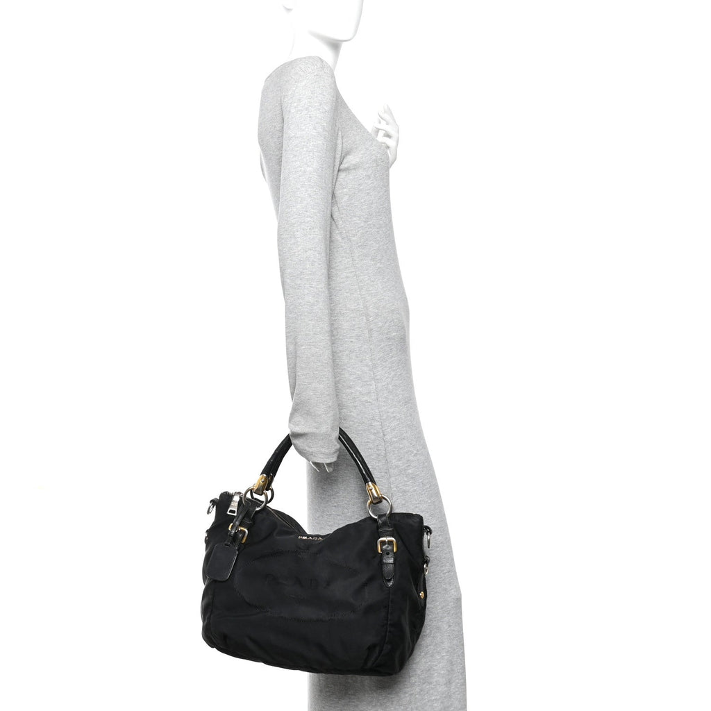 Tessuto Nylon Vitello Daino Shopping Satchel Black