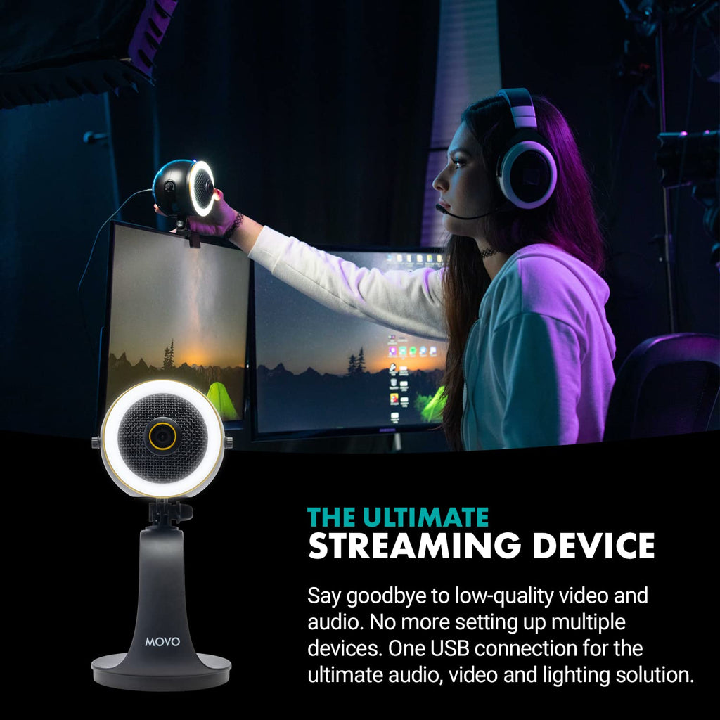 Movo WebMic HD Pro - All-in-One Streaming Webcam, Microphone and LED Ring Light