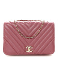 Metallic Calfskin Chevron Quilted Small Statement Flap Pink