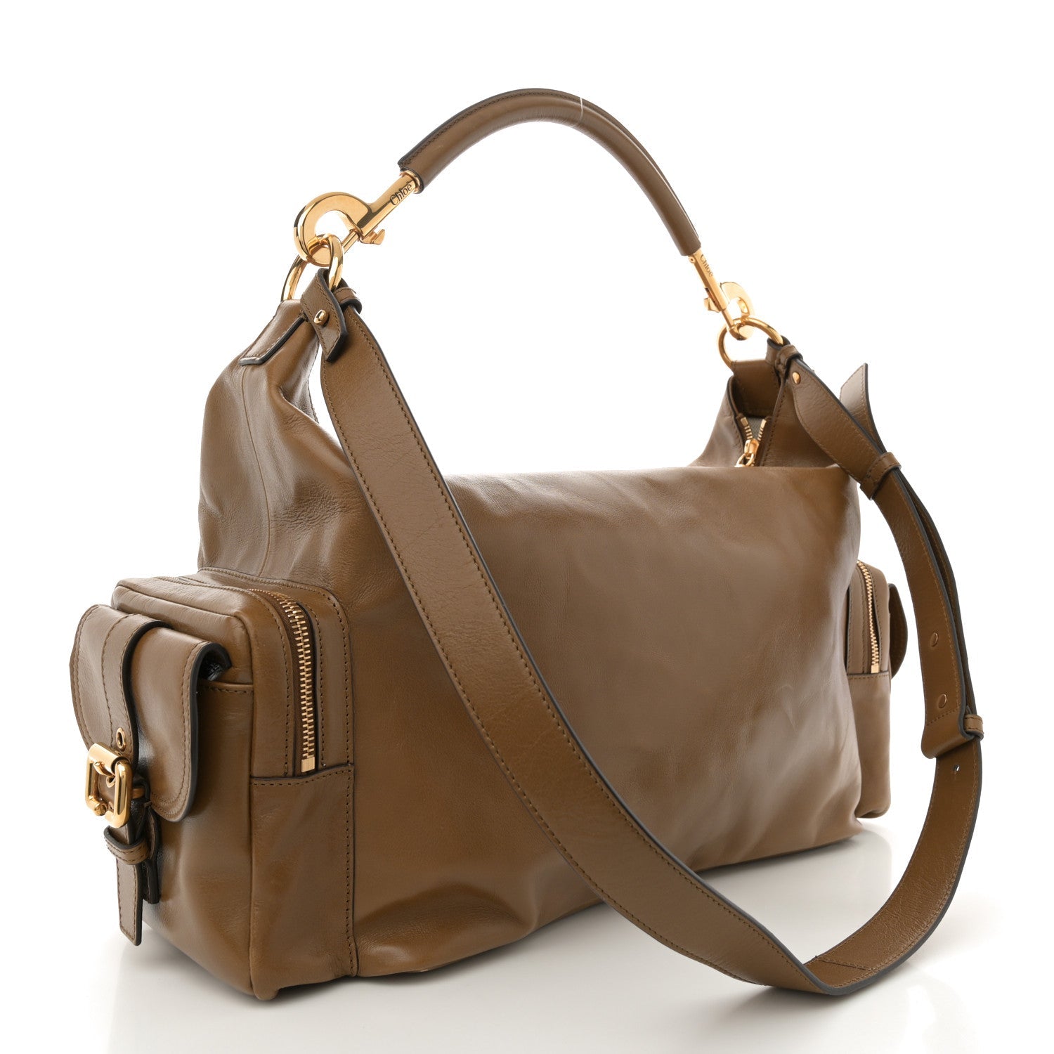 Shiny Calfskin Large Double Carry Camera Bag Dark Khaki