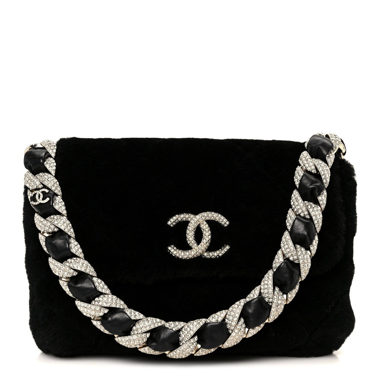 Shearling Lambskin Crystal Strass Flap Black