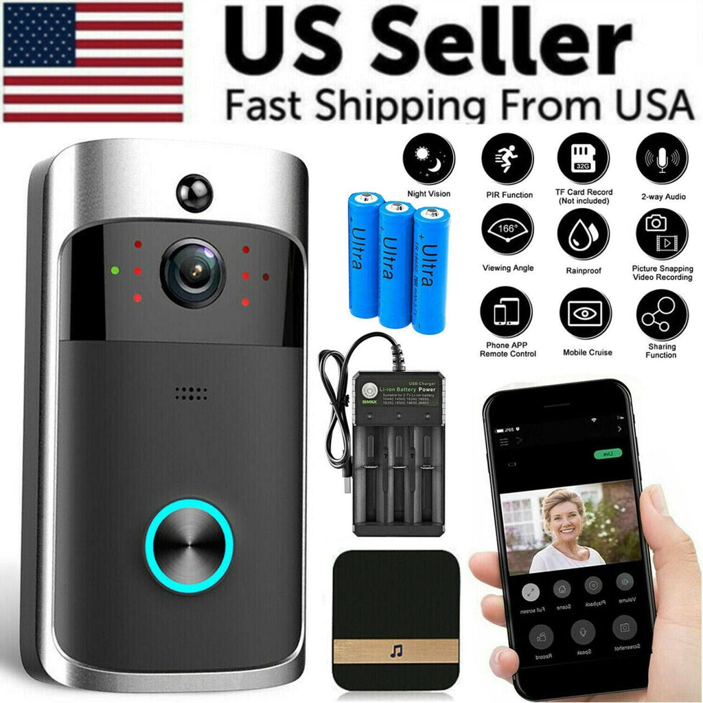 Smart Wireless WiFi Video Doorbell Phone Door Ring Intercom Security Camera Bell includes Doorbell+Battery+Charger+Chime