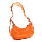 Extra Supple Calfskin Crocodile Embossed Le Cagole Shoulder Bag XS Pop Orange