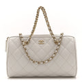 Caviar Quilted Barrel Clutch With Chain White